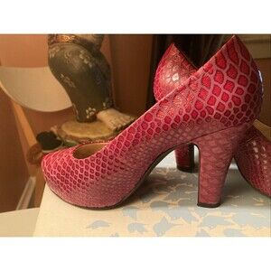 Anthropologie Farylrobin Red Snake Leather Size 7 High Heels in Box Blood Orange